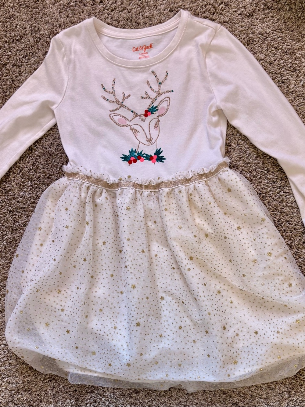 Cat & Jack White Long Sleeve Reindeer Tulle Dress with Gold Stars